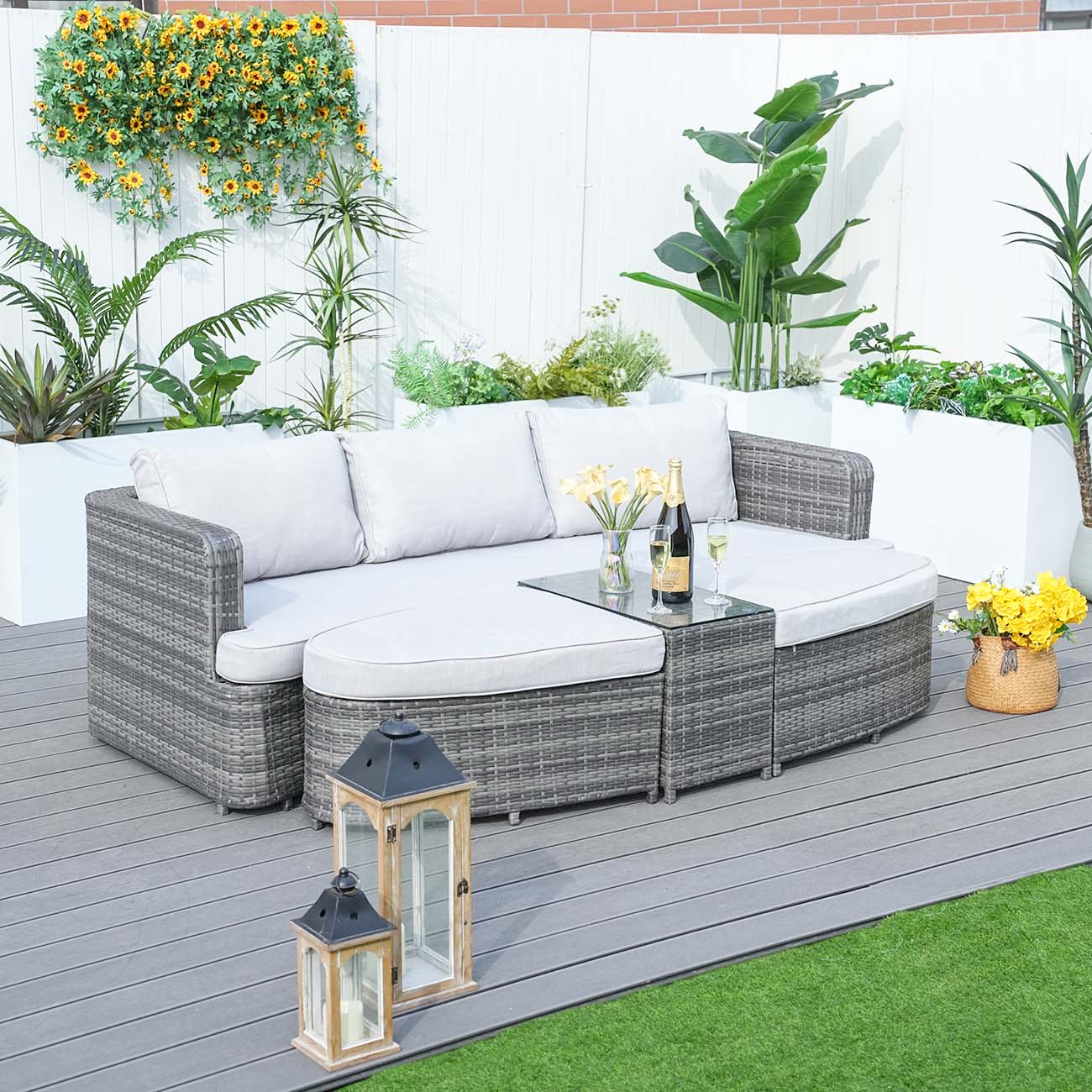Garden Rattan Wicker Out Furniture Patio 4 Piece Deep Seating Group Daybed with Cushions - Abrihome PAL-1202