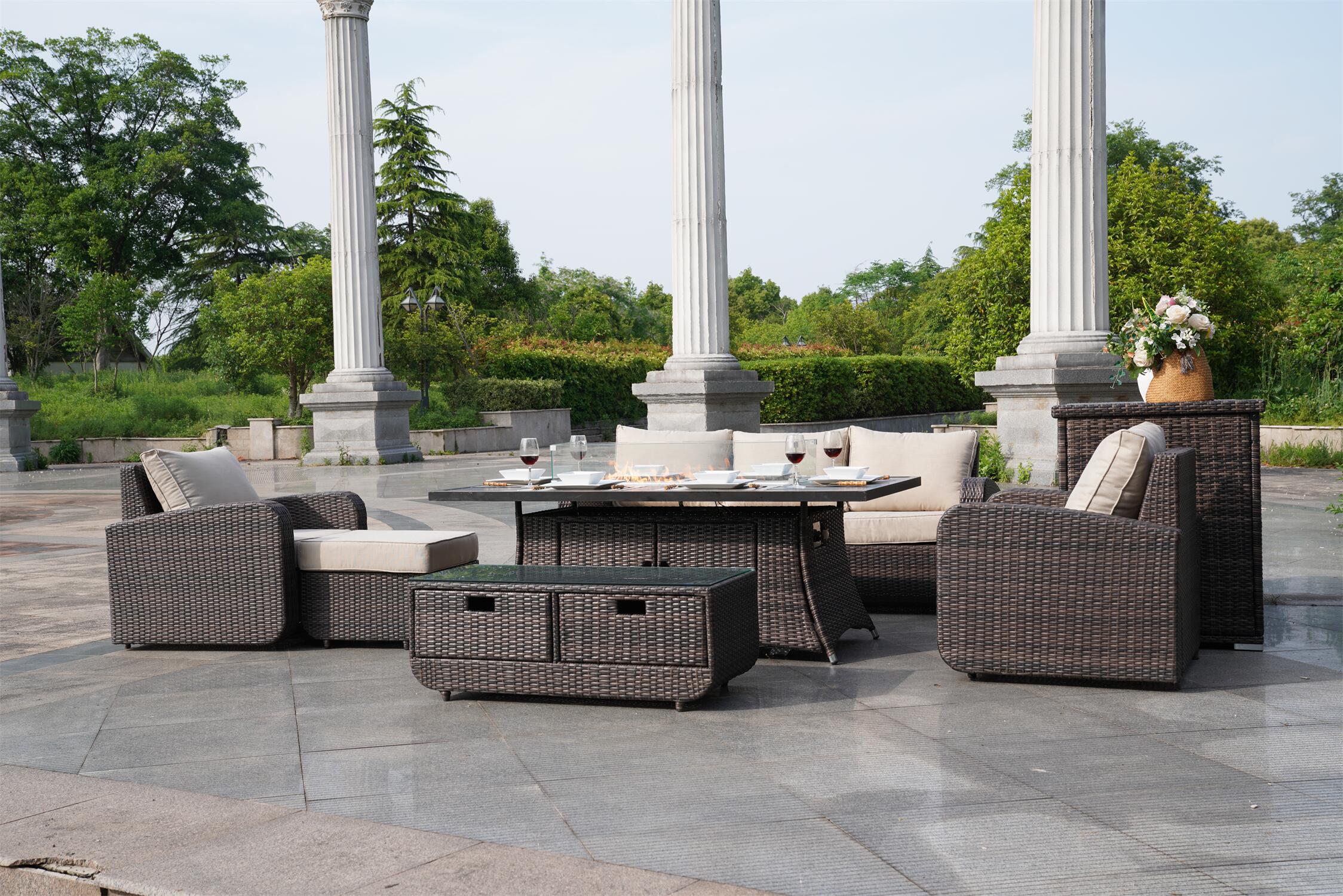 Patio Wicker Sofa Chat Set with Aluminum Firepit Table