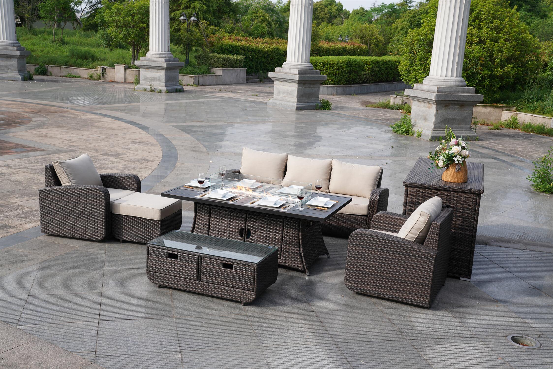 Patio Wicker Sofa Chat Set with Aluminum Firepit Table