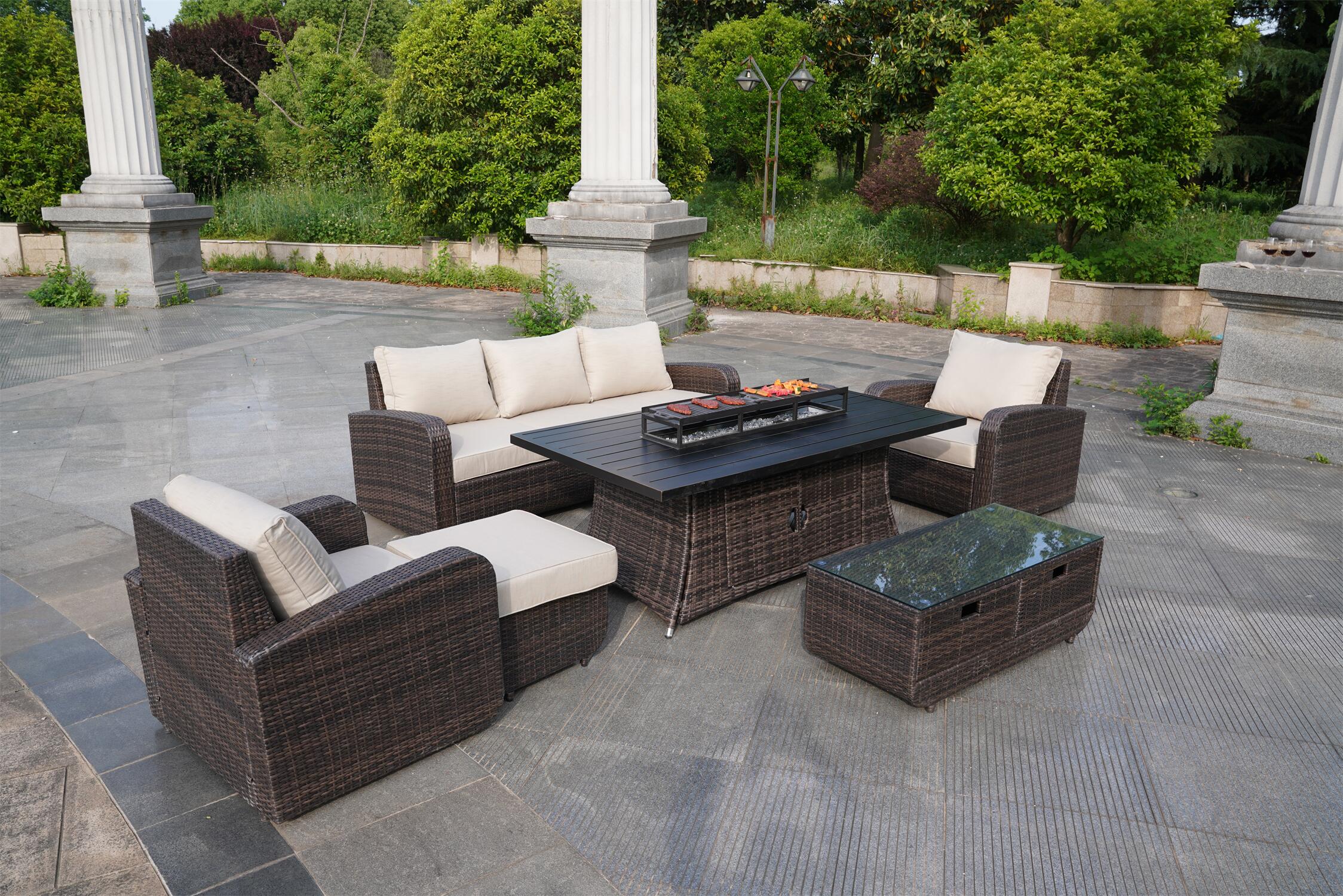 7-Piece Patio Wicker Sofa Set with Firepit Table with BBQ Plate