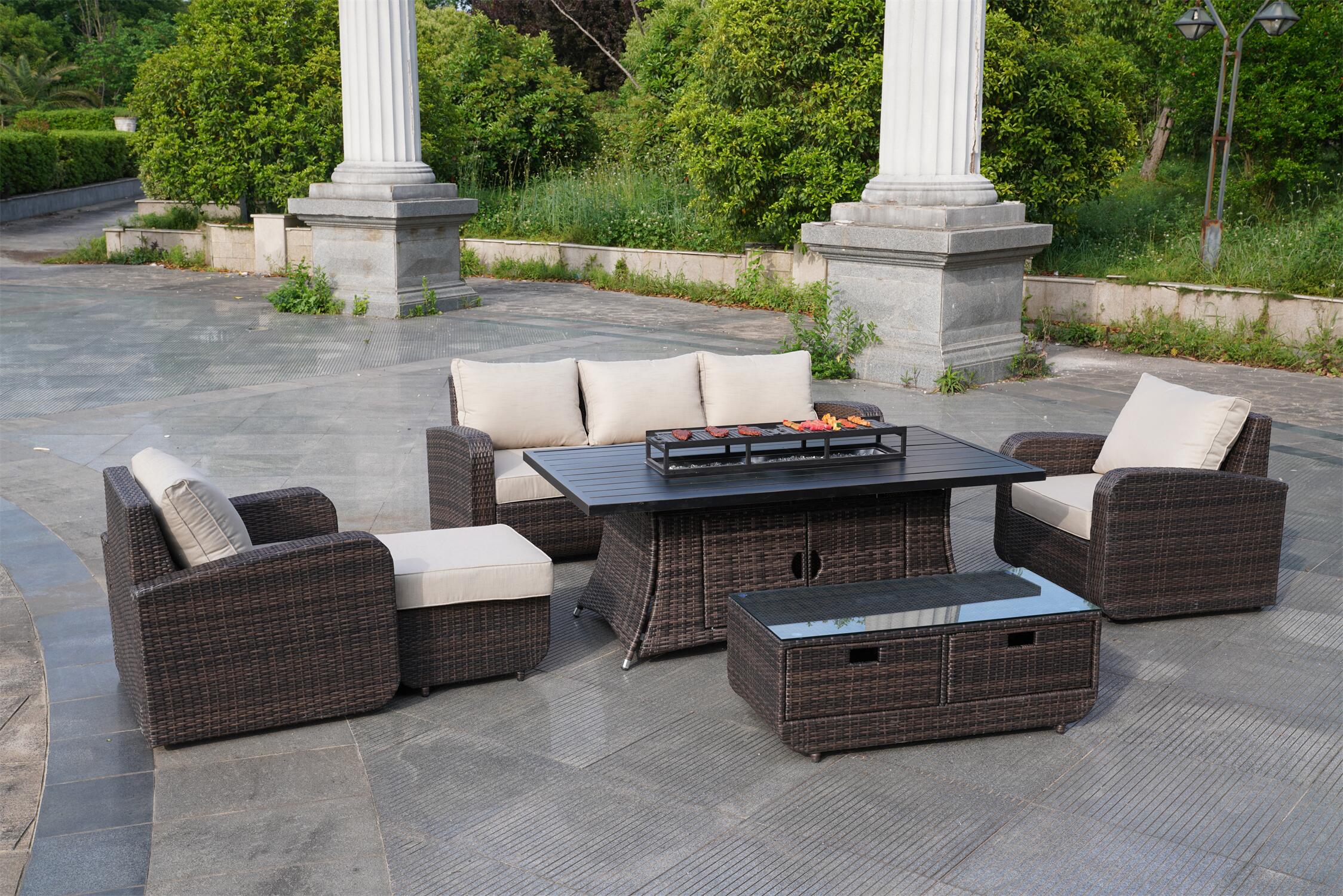 7-Piece Patio Wicker Sofa Set with Firepit Table with BBQ Plate