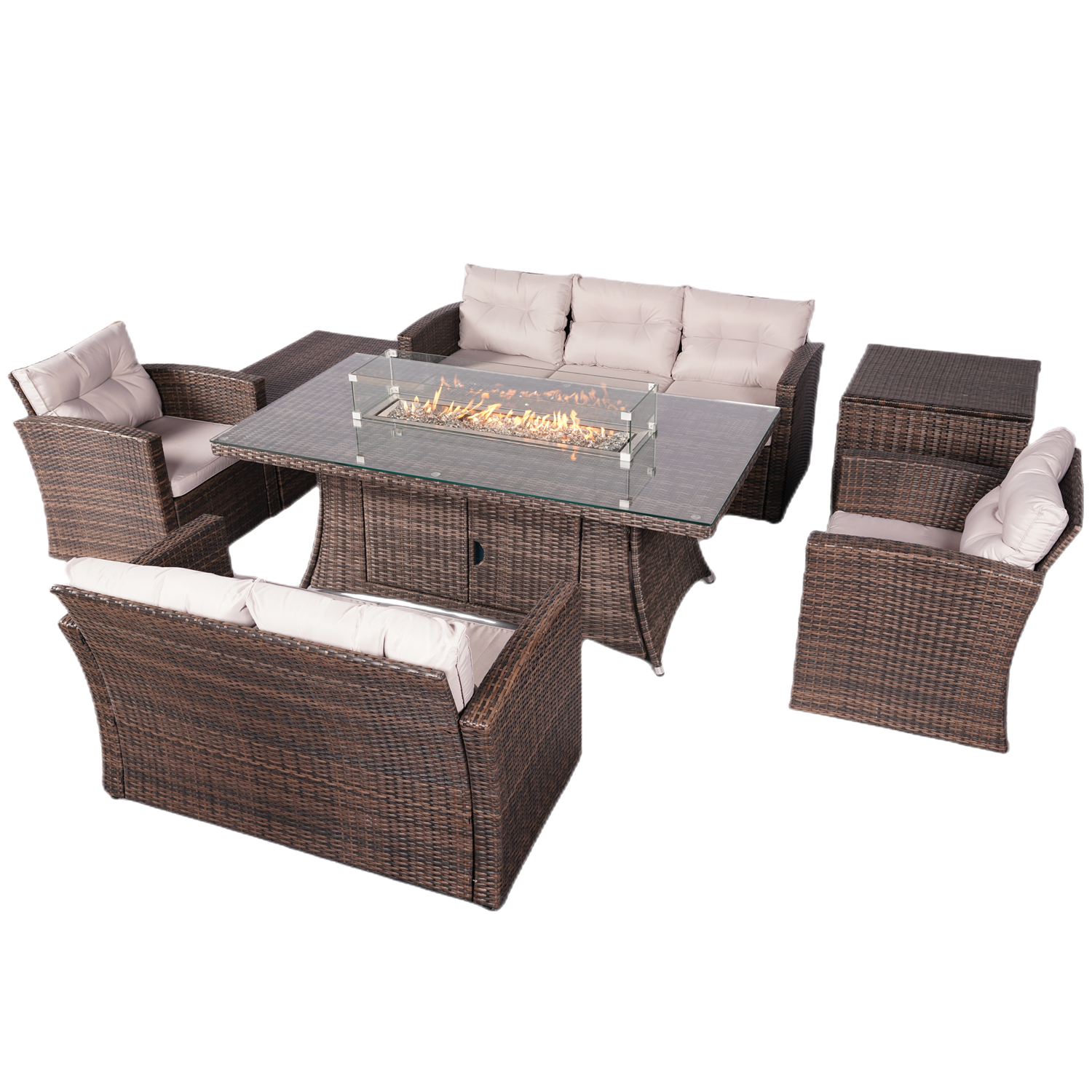 Outdoor Brown 7-Piece Wicker Patio Fire Pit Conversation Set with Gray Cushions