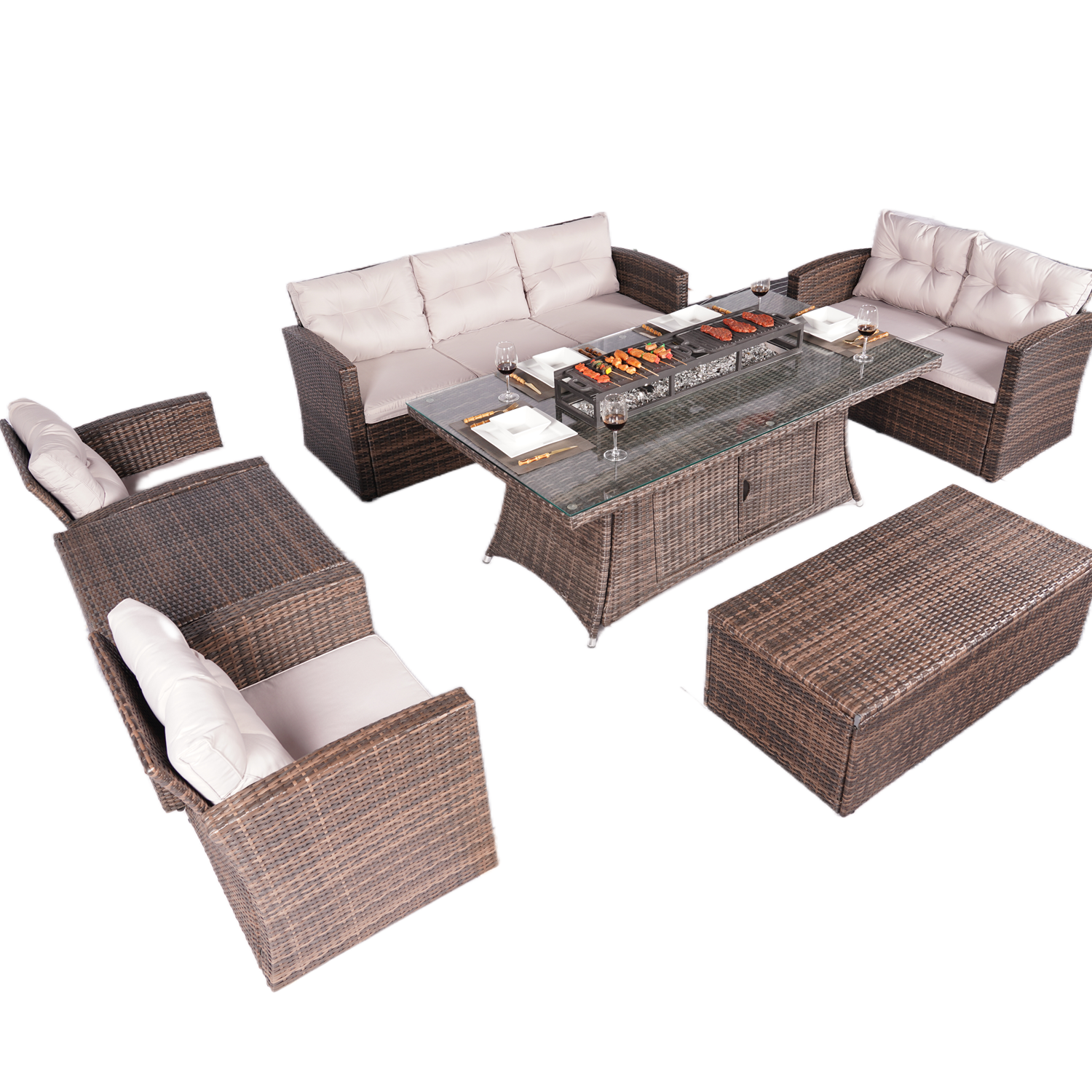 Outdoor Brown 7-Piece Wicker Patio Fire Pit Conversation Set with Gray Cushions