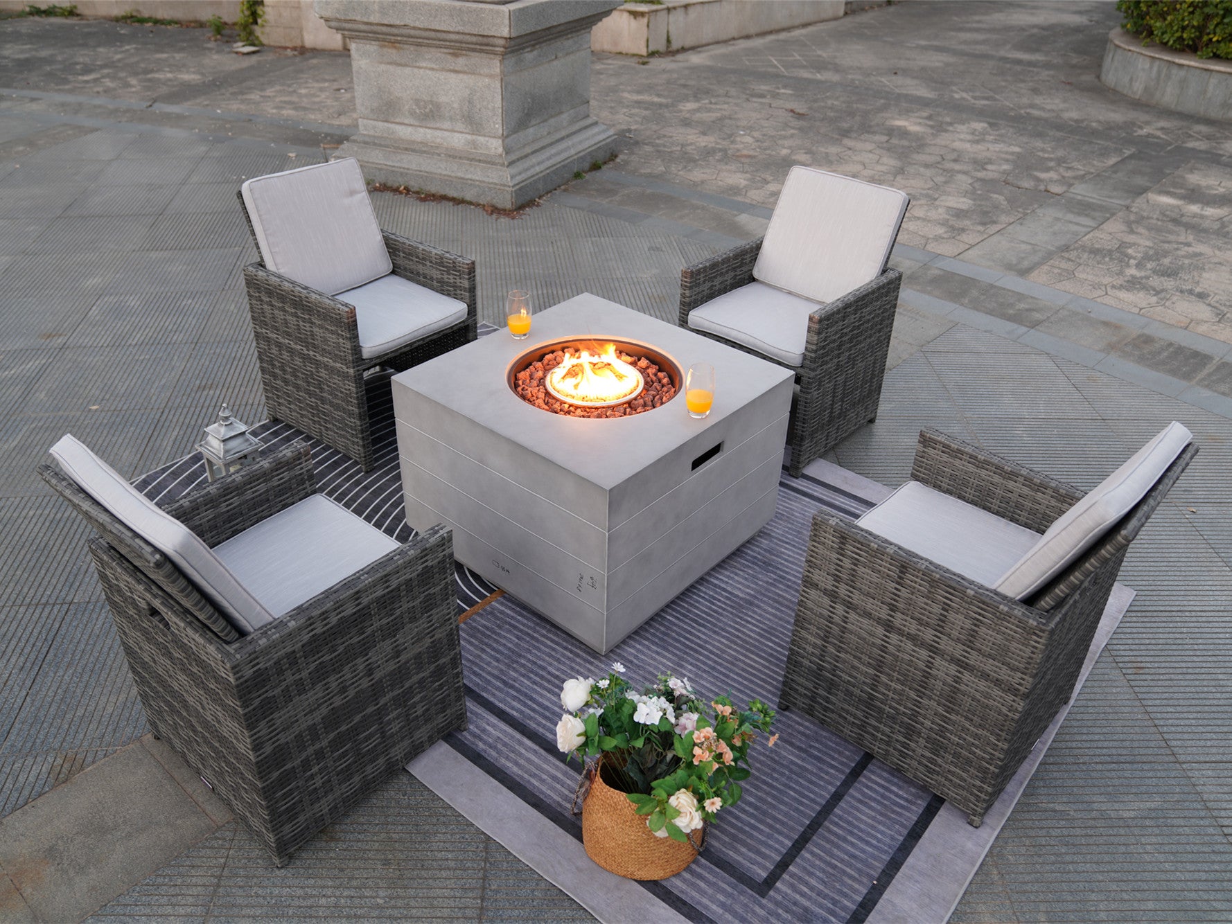 5 Pieces Outdoor Wicker Chair Gas Fire Table Set with Table Cover
