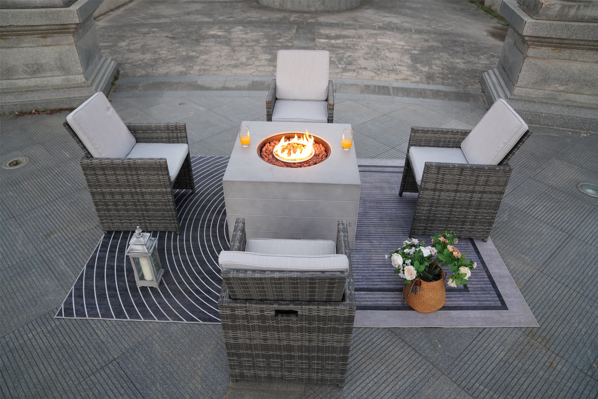5 Pieces Outdoor Wicker Chair Gas Fire Table Set with Table Cover