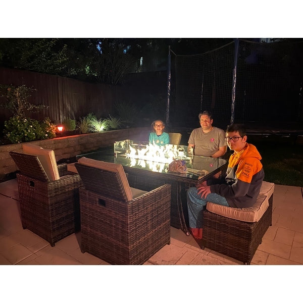 9-Piece Outdoor Rectangle Gas Fire Table Patio Wicker Dining Set